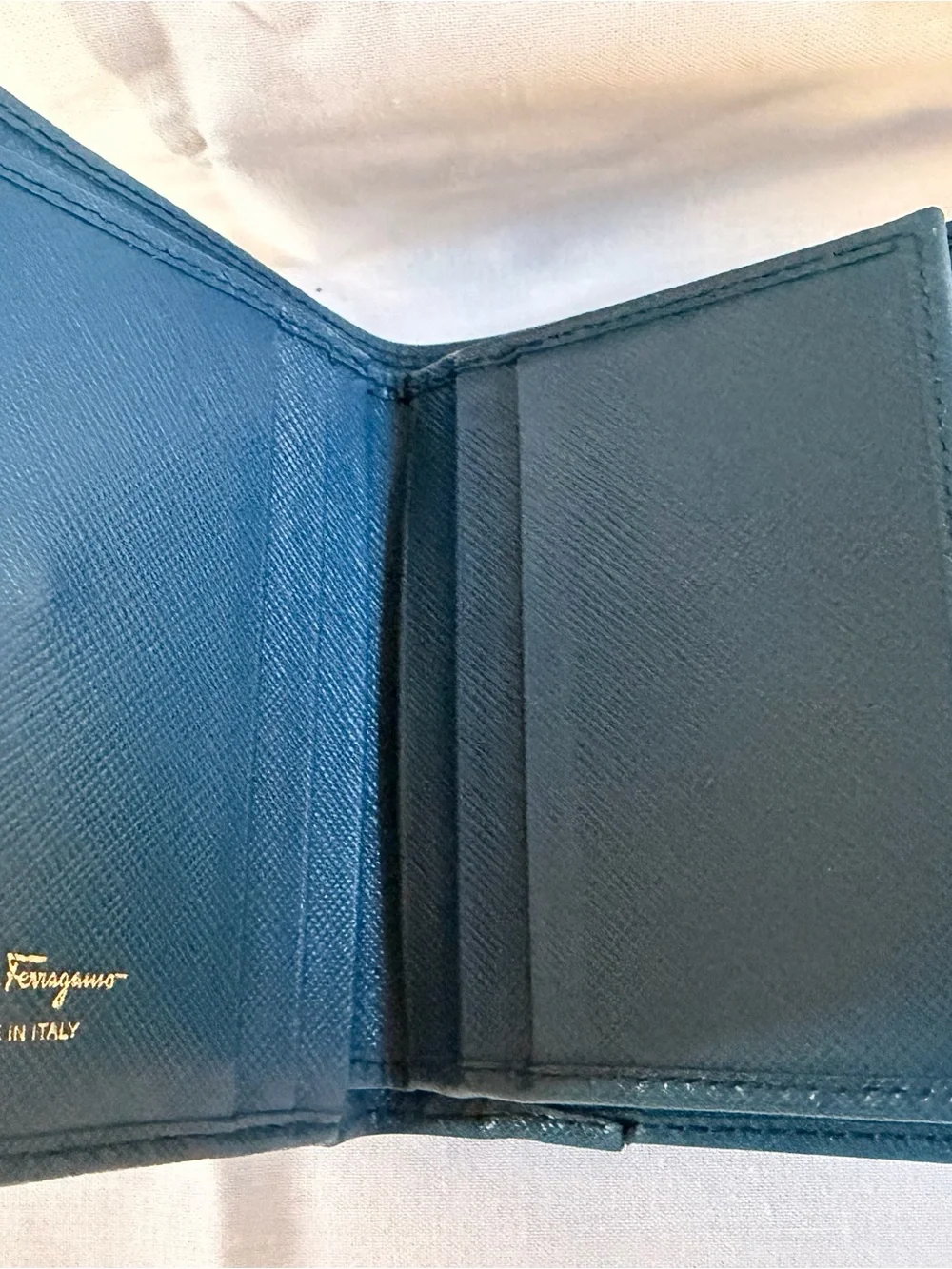 Salvatore Ferragamo Teal Leather Bow Wallet with Gold Hardware
